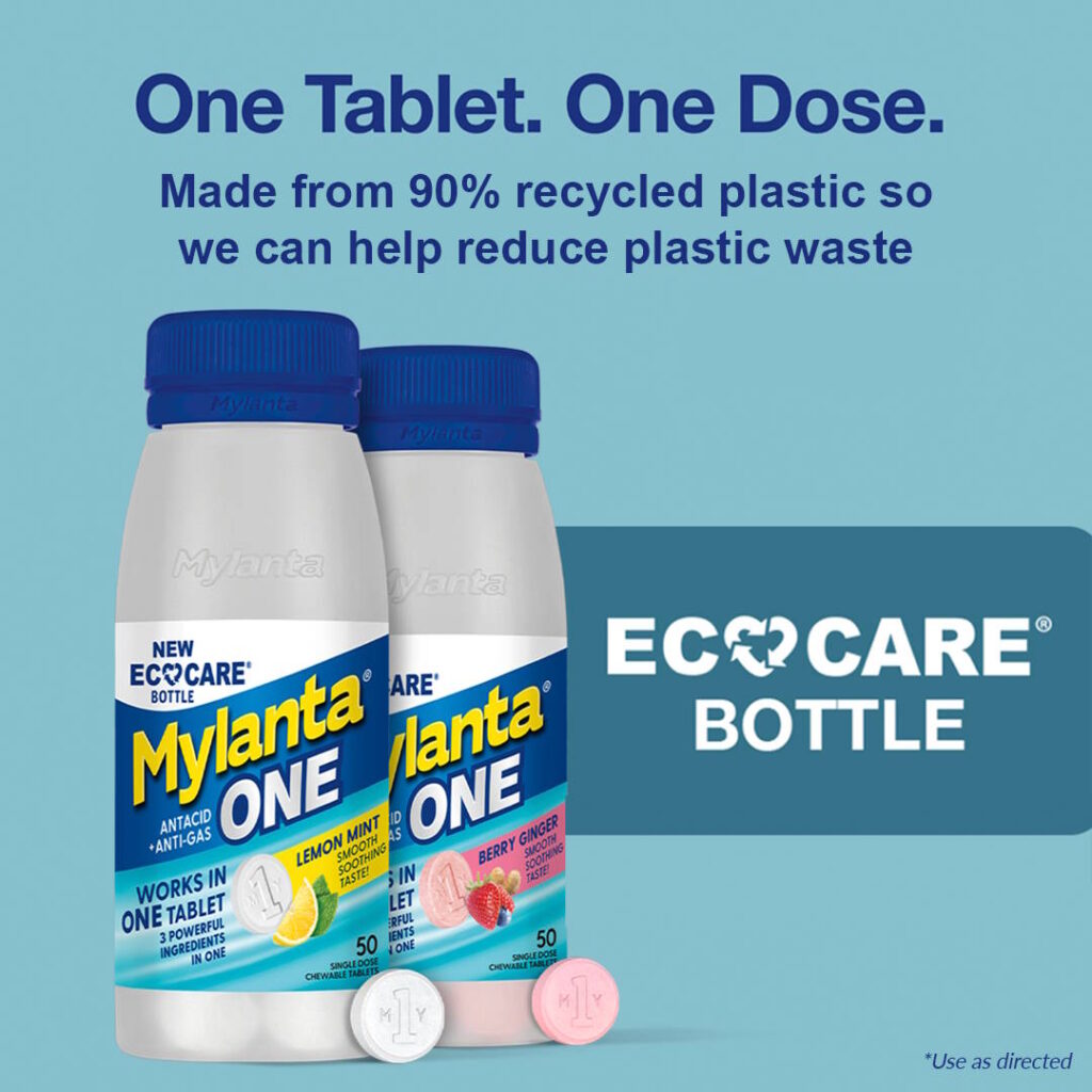 Mylanta One: One Tablet. One Dose. Made from 90% recycled plastic so we can help reduce plastic waste. EcoCare Bottle. Use as directed.