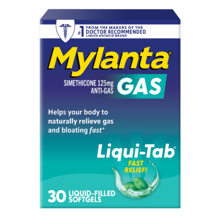 Box of Mylanta Gas Liqui-Tab showing 30 liquid-filled softgels; labeled as simethicone 125 mg for anti-gas relief, helps relieve gas and bloating fast; blue and teal packaging.