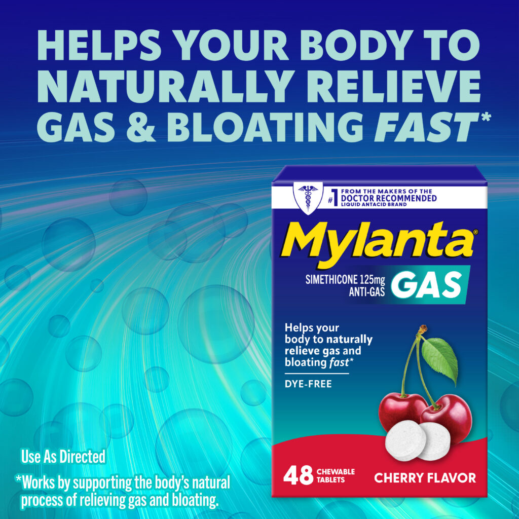 Mylanta Gas box with cherries shown. Text: "Helps your body to naturally relieve gas & bloating fast. 48 cherry flavor chewable tablets. Dye-free. Works by supporting the body’s natural process of relieving gas and bloating.