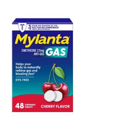 Box of Mylanta Gas cherry flavor chewable tablets. The front states “Simethicone 125mg Anti-Gas,” “48 chewable tablets,” “dye-free,” and shows two cherries with two white tablets.