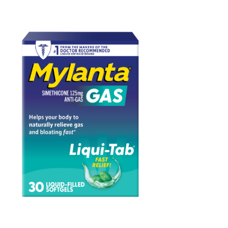 A box of Mylanta Gas Liqui-Tab with 30 liquid-filled softgels. The packaging highlights simethicone 125mg, fast relief for gas and bloating, and a blue-green color scheme.