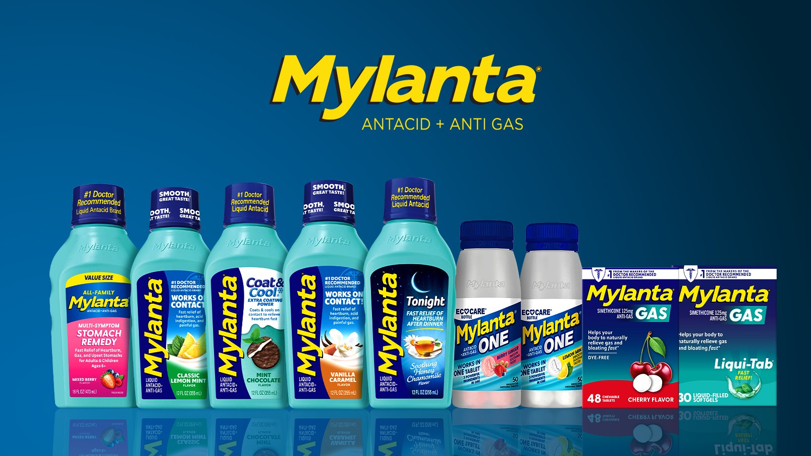 Eight Mylanta antacid and anti-gas products in various bottles and boxes are displayed in a row against a blue background with the yellow Mylanta logo above them.