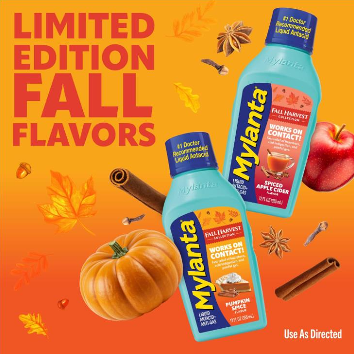 Two bottles of Mylanta in pumpkin spice and spiced apple cider flavors are shown with fall leaves, a pumpkin, an apple, cinnamon sticks, and star anise. Text reads, “Limited Edition Fall Flavors.”.